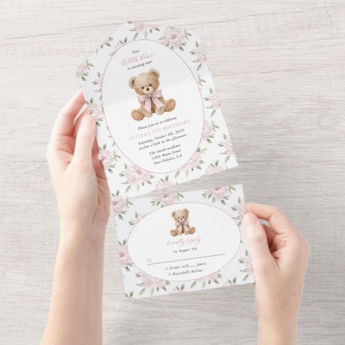 Teddy Bear, Pink Bow, Pink Flowers, First Birthday All In One Invitation