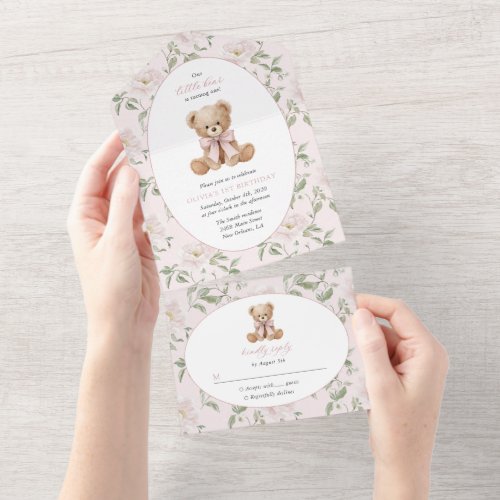 Teddy Bear, Pink Bow, Pink Flowers, First Birthday All In One Invitation
