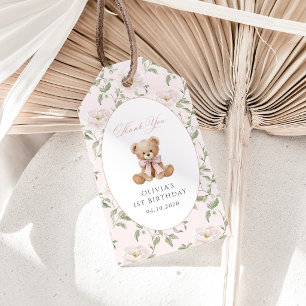 Teddy Bear, Pink Bow, Pink Flowers, First Birthday Gift Tags