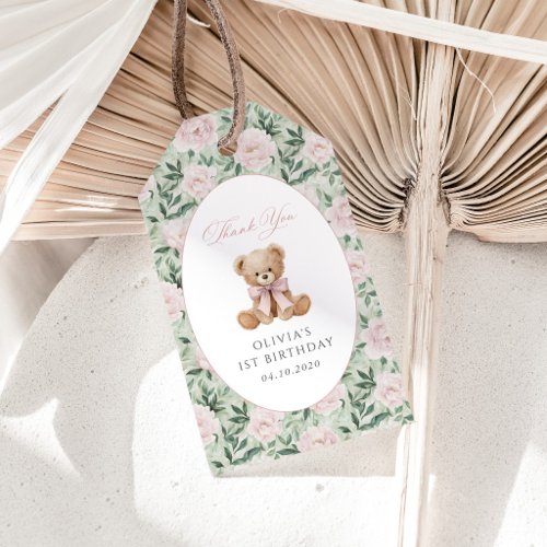 Teddy Bear, Pink Bow, Pink Flowers, First Birthday Gift Tags