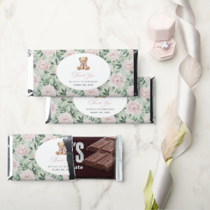 Teddy Bear, Pink Bow, Pink Flowers, First Birthday Hershey Bar Favors