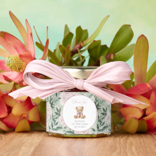 Teddy Bear, Pink Bow, Pink Flowers, First Birthday Honey Jar Favors