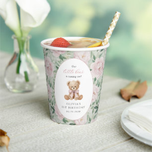 Teddy Bear, Pink Bow, Pink Flowers, First Birthday Paper Cups