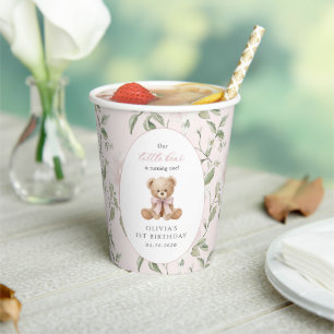 Teddy Bear, Pink Bow, Pink Flowers, First Birthday Paper Cups