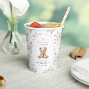 Teddy Bear, Pink Bow, Pink Flowers, First Birthday Paper Cups