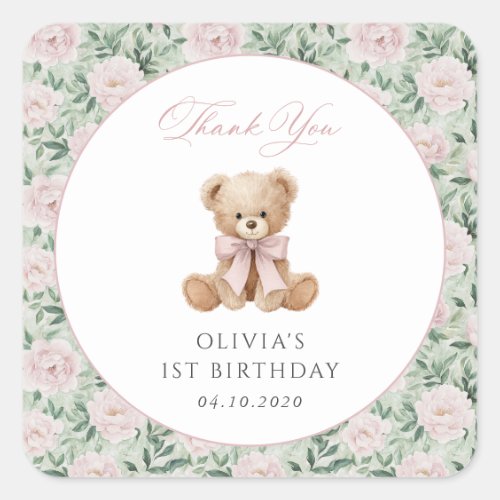 Teddy Bear, Pink Bow, Pink Flowers, First Birthday Square Sticker
