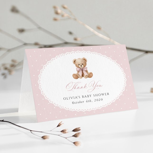 Teddy Bear, Pink Bow, Pink Polka Dots, Baby Shower Thank You Card (Creator Uploaded)