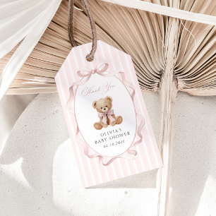 Teddy Bear, Pink Bow, Pink Stripes, Baby Shower Gift Tags