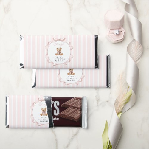 Teddy Bear, Pink Bow, Pink Stripes, Baby Shower Hershey Bar Favors
