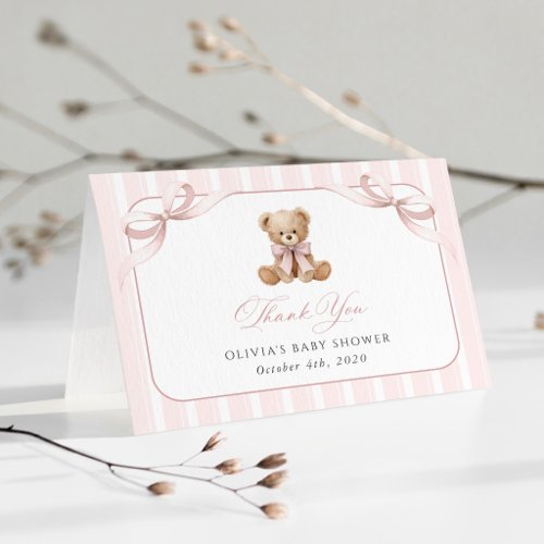 Teddy Bear, Pink Bow, Pink Stripes, Baby Shower Thank You Card