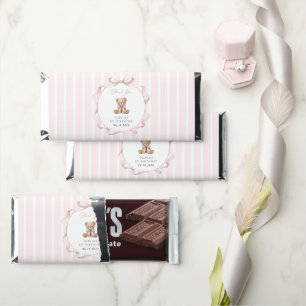 Teddy Bear, Pink Bow, Pink Stripes, First Birthday Hershey Bar Favors
