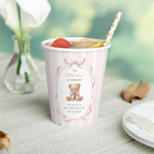 Teddy Bear, Pink Bow, Pink Stripes, First Birthday Paper Cups