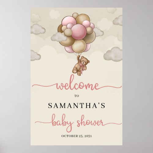 Teddy bear pink brown balloons baby Welcome Sign