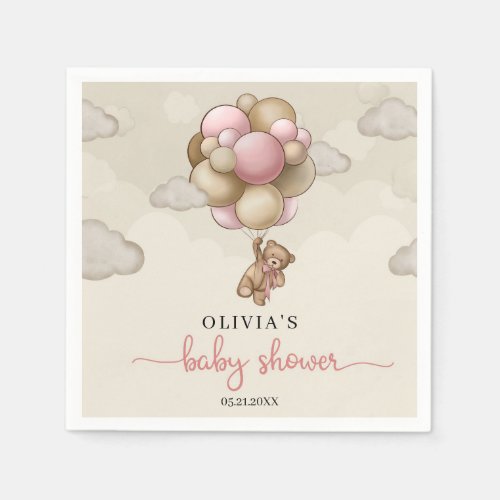 Teddy bear pink brown balloons girl Baby Shower Napkins