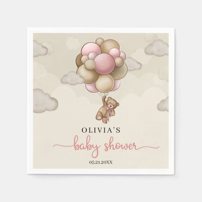Teddy bear pink brown balloons girl Baby Shower Napkins (Front)
