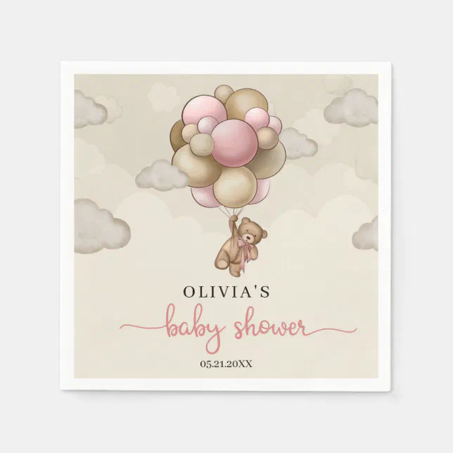 Teddy bear pink brown balloons girl Baby Shower Napkins | Zazzle