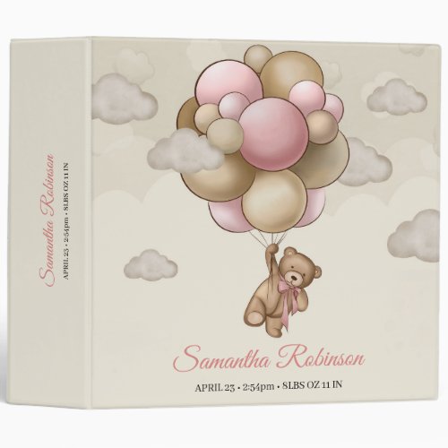 Teddy bear pink brown beige balloons baby shower 3 ring binder