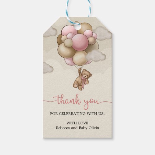 Teddy bear pink brown beige balloons thank you gift tags