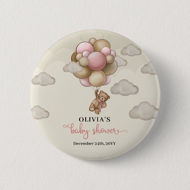 Teddy bear pink brown ivory balloons baby shower button (Front)
