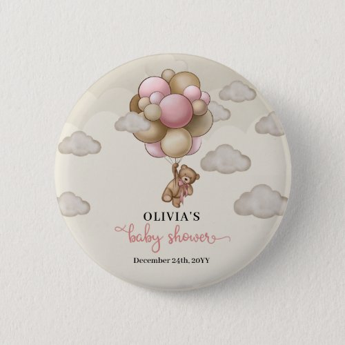 Teddy bear pink brown ivory balloons baby shower button