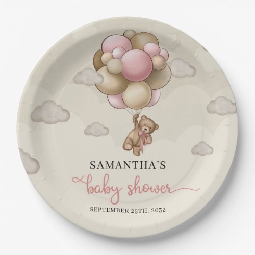 Teddy bear pink brown ivory balloons baby shower paper plates