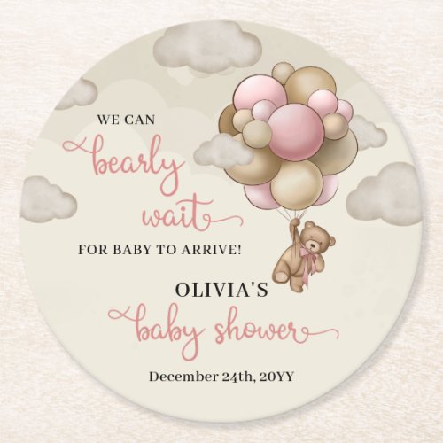 Teddy bear pink brown ivory balloons baby shower round paper coaster