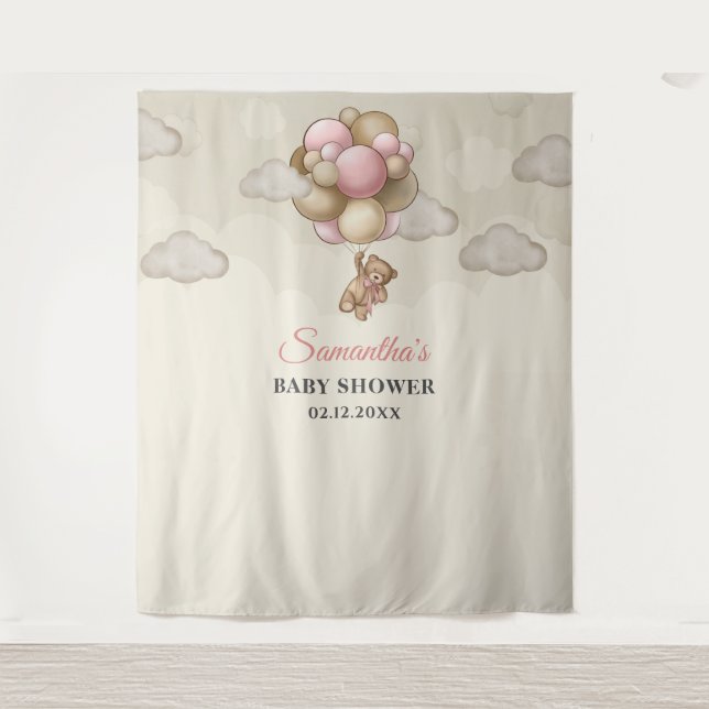 Teddy bear pink brown ivory balloons backdrop (Front)