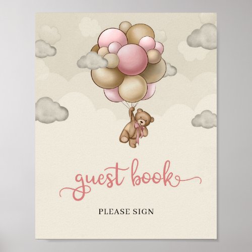 Teddy bear pink brown ivory balloons guest book