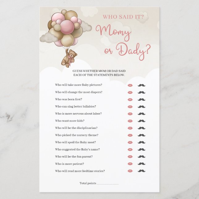 Teddy bear pink brown ivory Mommy or Daddy game (Front)