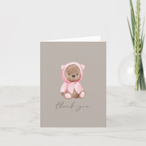 Teddy Bear Pink Brown Neutral Watercolor Thank You Card