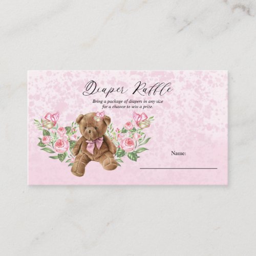 Teddy Bear Pink Floral Baby Shower Diaper Raffle Enclosure Card