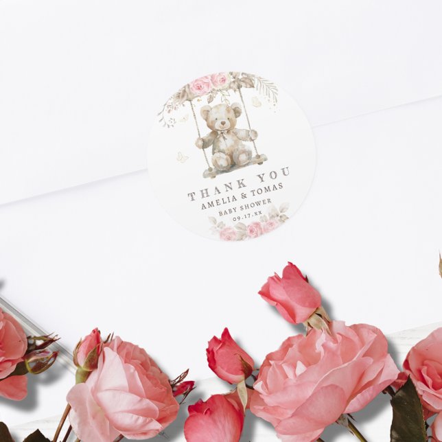 Teddy Bear Pink Floral Baby Shower Thank You Classic Round Sticker (Creator Uploaded)