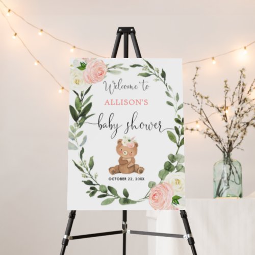 Teddy bear pink floral baby shower welcome sign