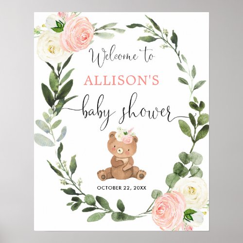 Teddy bear pink floral baby shower welcome sign
