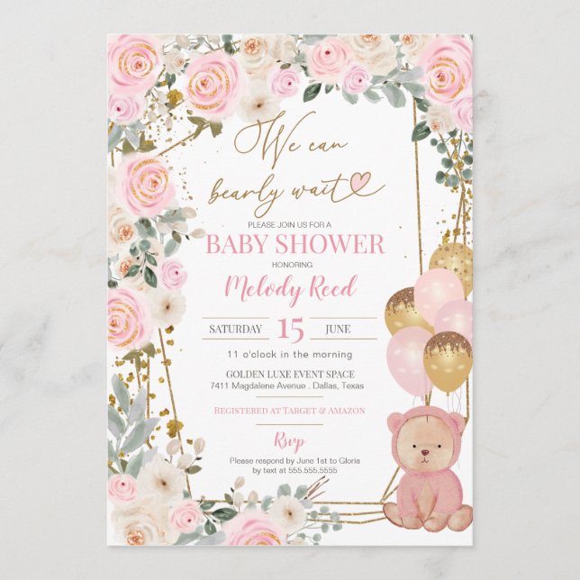 Teddy Bear Pink Floral Balloons Girl Baby Shower   Invitation (Front)