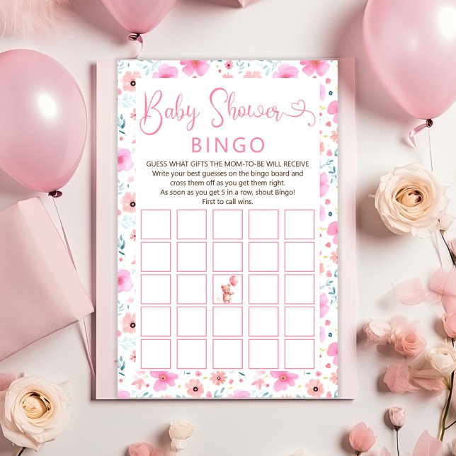 Teddy Bear Pink Floral Girl Baby Shower Bingo Game (Creator Uploaded)