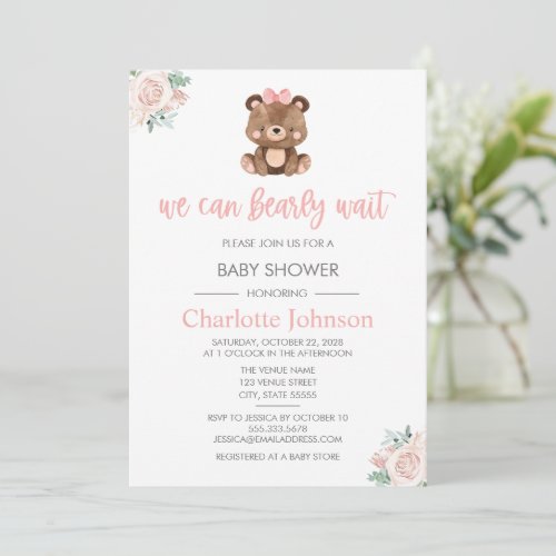 Teddy Bear Pink Floral Girl Baby Shower Invitation