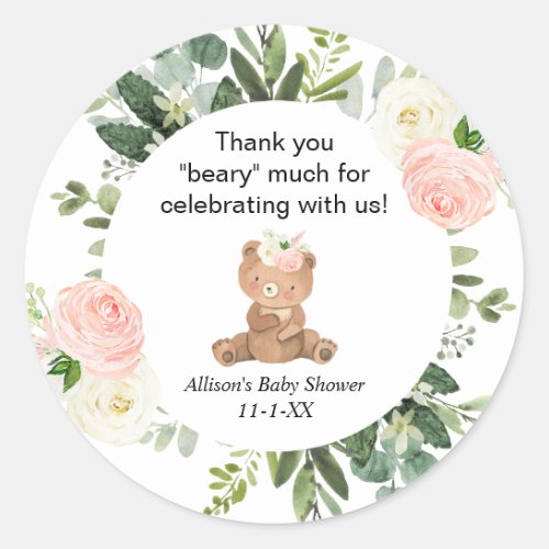 Teddy bear pink floral girl baby shower thank you classic round sticker
