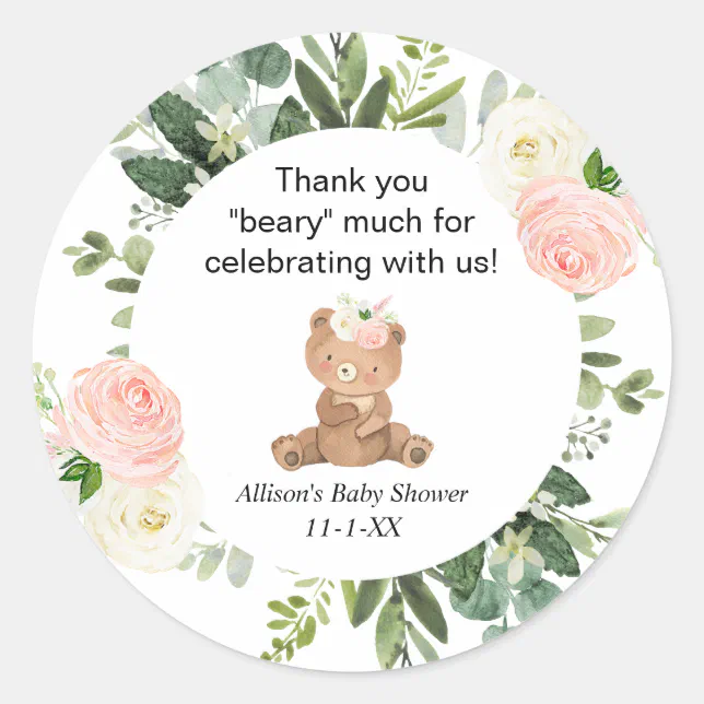 Teddy bear pink floral girl baby shower thank you classic round sticker ...