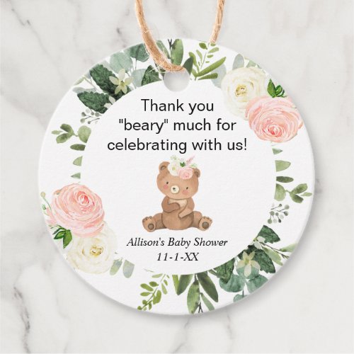 Teddy bear pink floral girl baby shower thank you favor tags