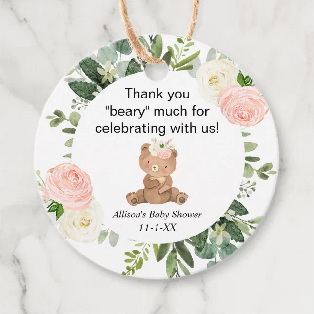 Teddy bear pink floral girl baby shower thank you favor tags | Zazzle