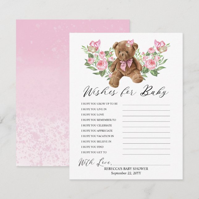 Teddy Bear Pink Floral Wishes for Baby Game  (Front/Back)