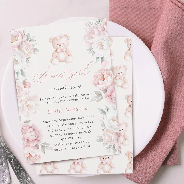 Teddy Bear Pink Flowers Girl Baby Shower Invitation | Zazzle