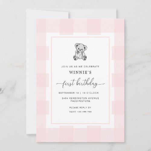 Teddy Bear Pink Gingham 1st Birthday Invitation