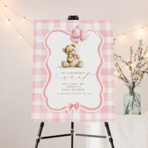 Teddy Bear Pink Gingham Baby Shower Welcome Sign