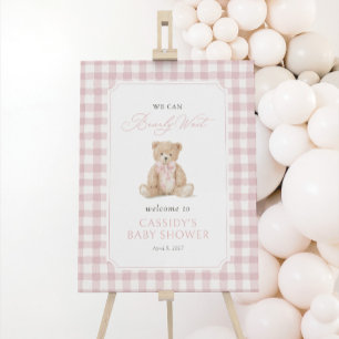 Teddy Bear Pink Gingham Baby Shower Welcome Sign