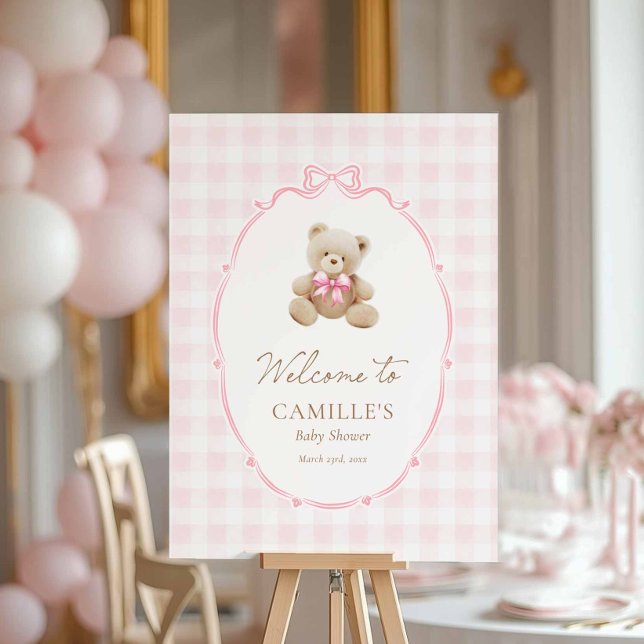 Teddy Bear Pink Gingham Baby Shower Welcome Sign (Teddy Bear Pink Plaid Girl Baby Shower Welcome Sign)