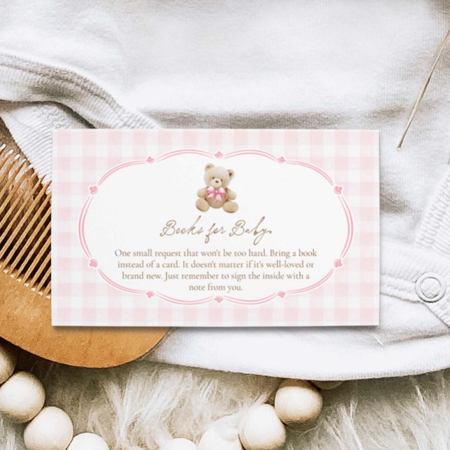 Teddy Bear Pink Gingham Books for Baby Enclosure Card (Teddy Bear Pink Plaid Books for Baby Card)