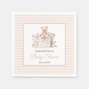 Teddy Bear Pink Gingham Floral Girl Baby Shower Napkins