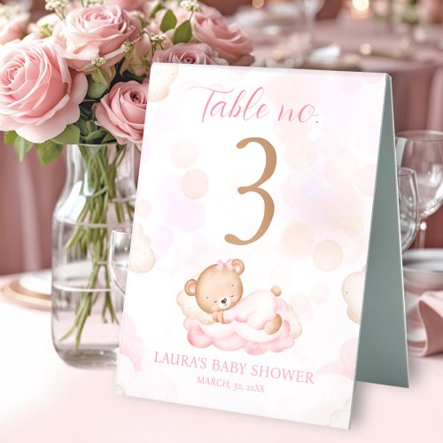 Teddy Bear Pink Girl Baby Shower Table Number Sign